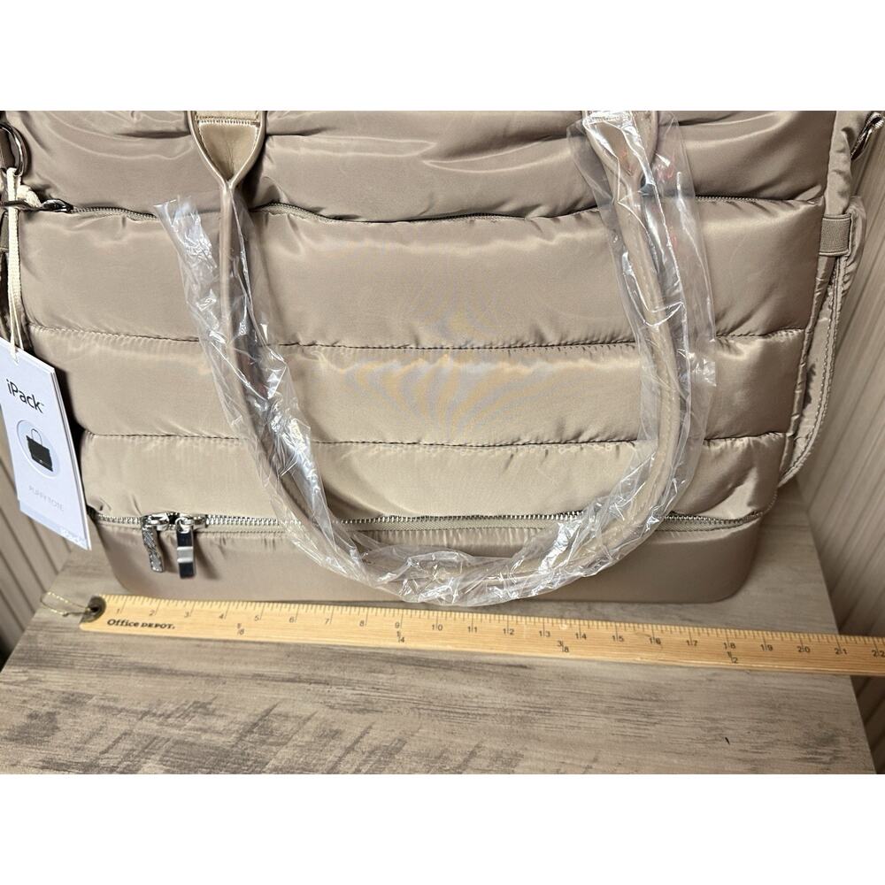 New! iPack Taupe Puffy Tote Bag With Shoe Compartment, Padded Laptop Pocket - Picture 7 of 9
